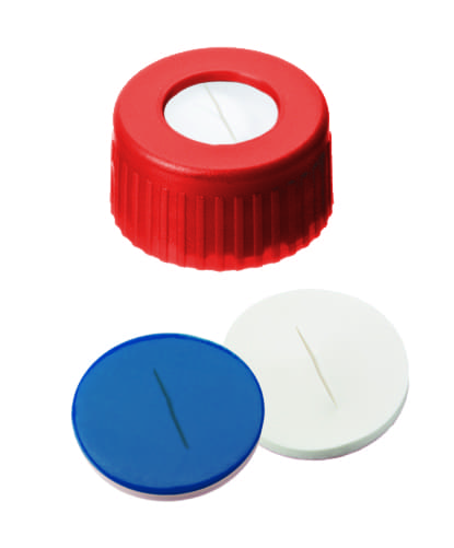 Obrázok výrobcu PP Short Thread Cap red, 6.0 mm centre hole, Silicone/PTFE slit septum